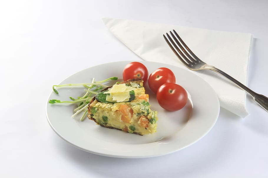 Cake, Pastry, Tomatoes, Greens, Food, plate, fork, crockery HD wallpaper