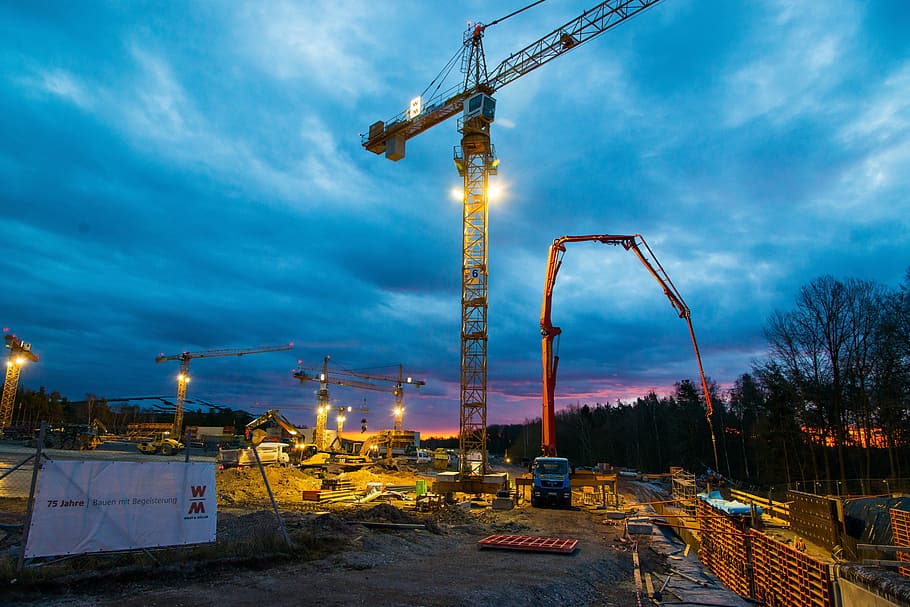 yellow crane on construction site, building, concrete, pump, industrial, HD wallpaper
