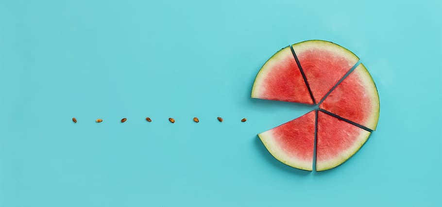 sliced watermelon Pac-Man on top of teal surface, poster, background HD wallpaper