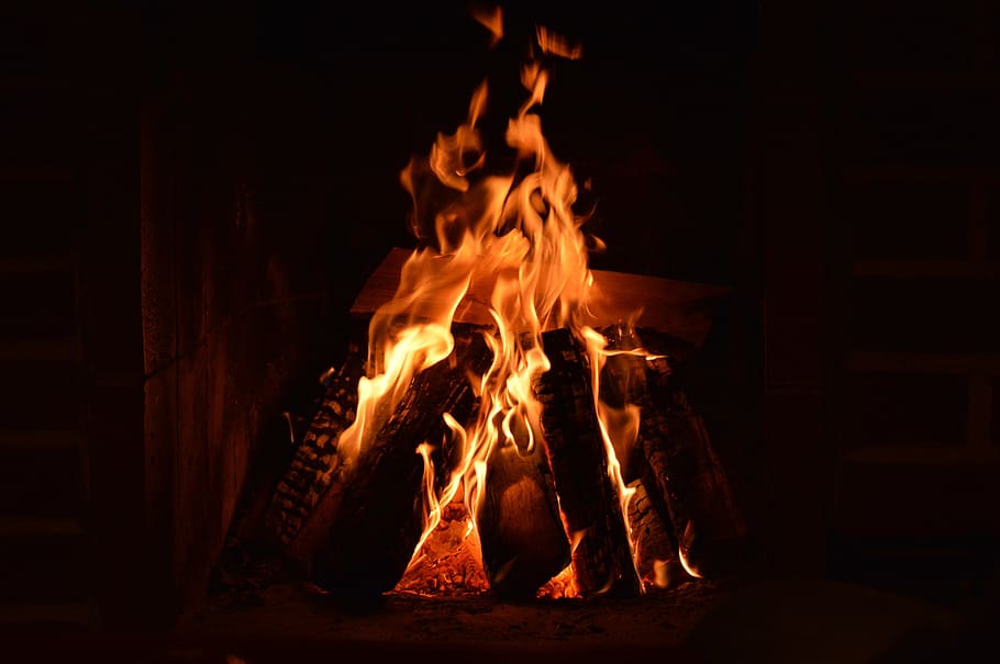 firewoods on flame at night, bonfire, heat, burning, fire - natural phenomenon HD wallpaper