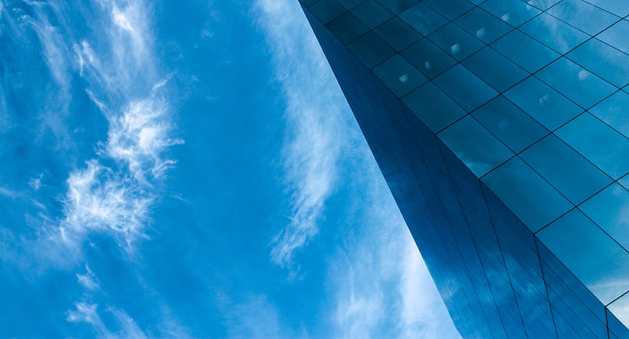 sky, clouds, building, glass, architecture, blue sky, bright HD wallpaper