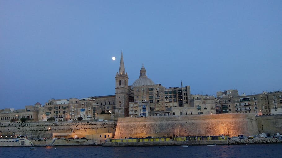 valletta, evening, malta, moon, maltese, mediterranean, travel HD wallpaper