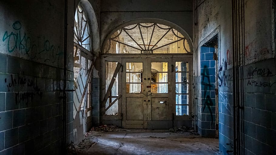 brown wooden door, leave, window, home, ruin, break up, old window HD wallpaper