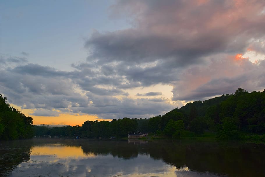 lake, sky water, sunset, clouds, nature, landscape, mountain HD wallpaper