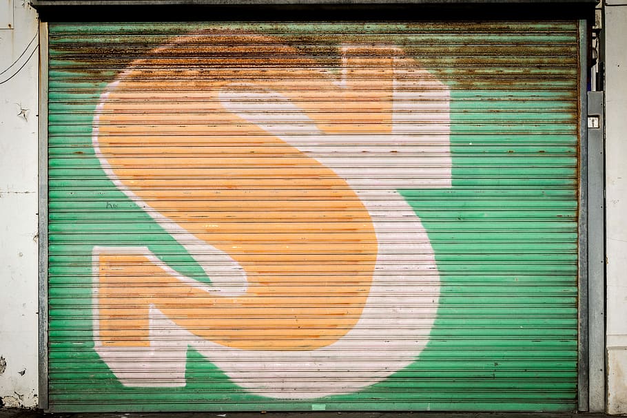 green and yellow s graphic roll-up door, green and yellow roller shutter with S print HD wallpaper