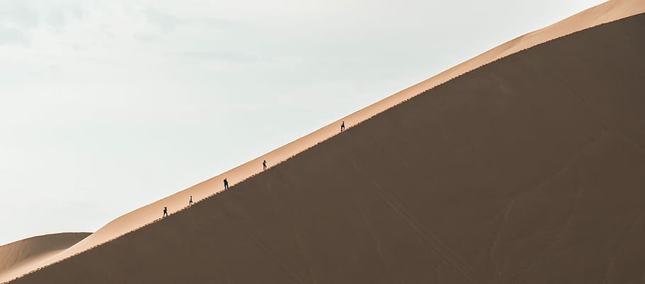 people walking on desert, sand dune, hill, person, climb, hike HD wallpaper