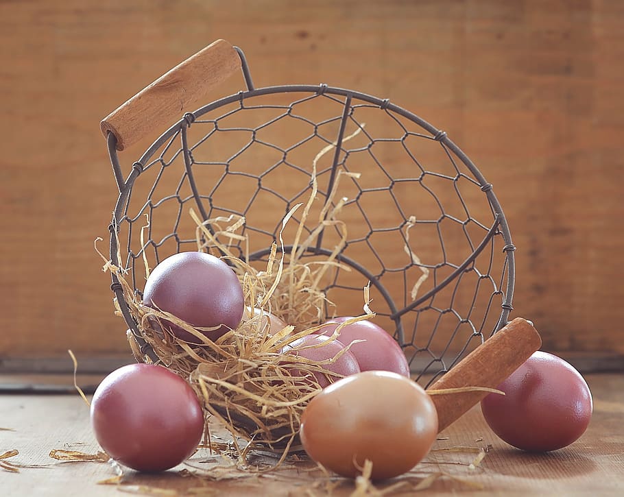 black metal basket near fruits, easter eggs, colored, colorful HD wallpaper