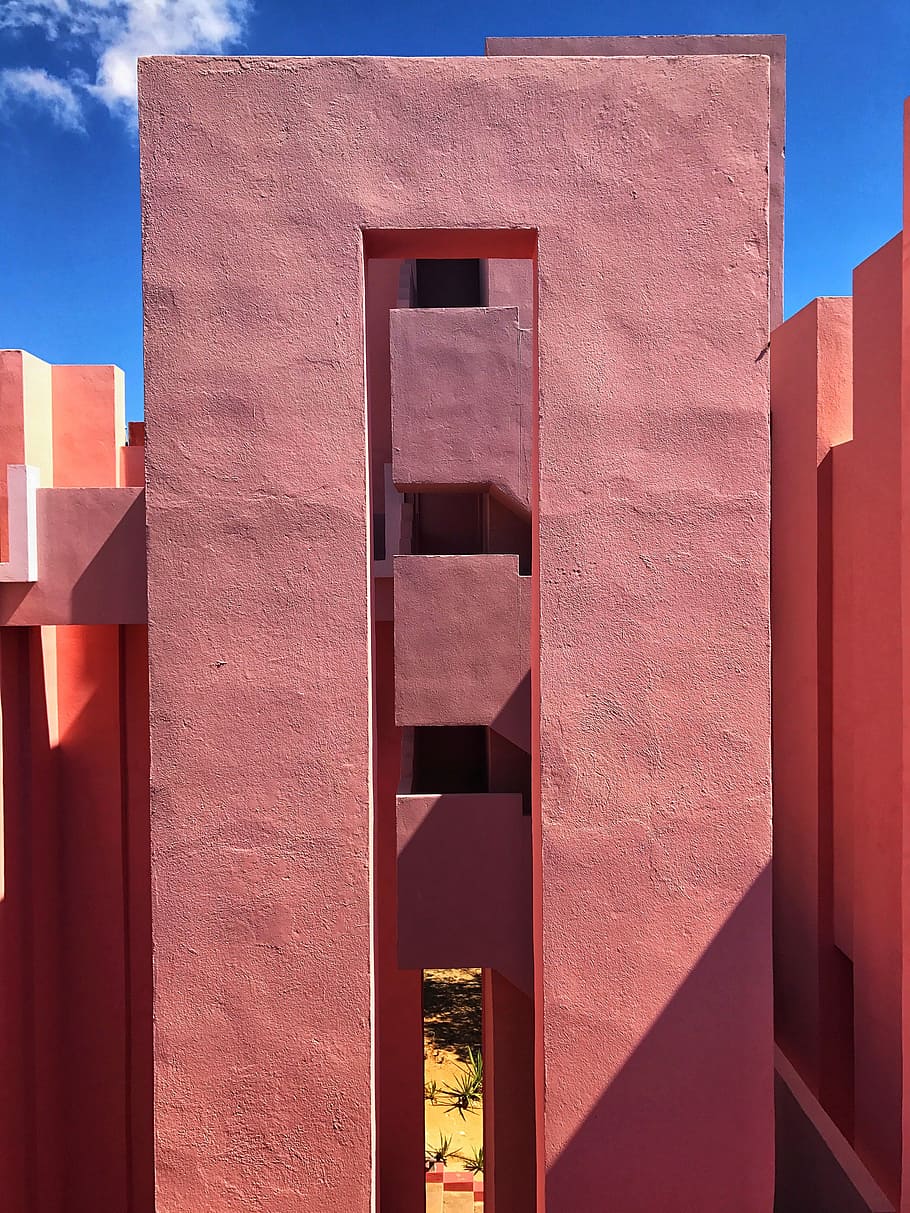 pink building under clear sky, concrete, sunlight, shadow, built structure HD wallpaper