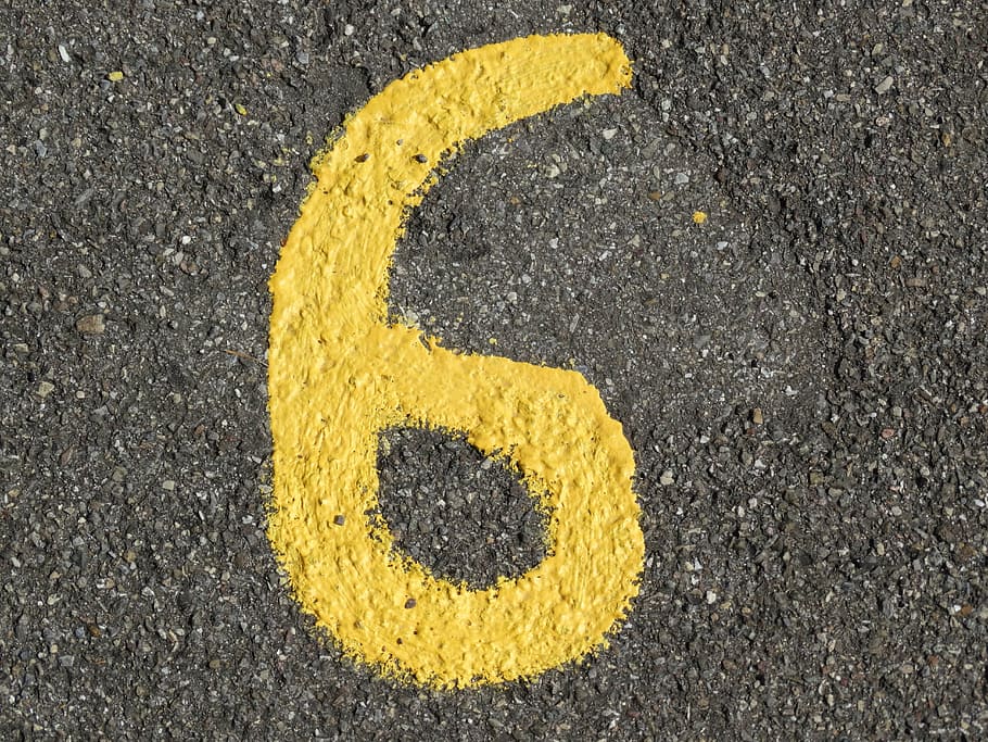 6 signage, number, ad, yellow, color, asphalt, road, digit, numbering