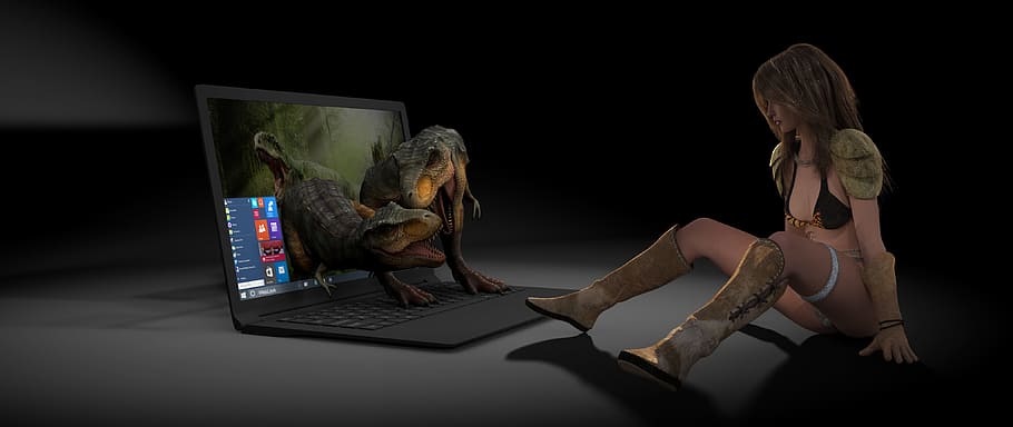 Visualisation, Laptop, T-Rex, one person, indoors, artist, night HD wallpaper