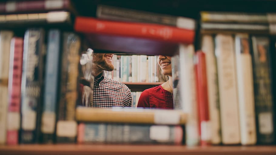 two people smiling, library, books, reading, school, study HD wallpaper