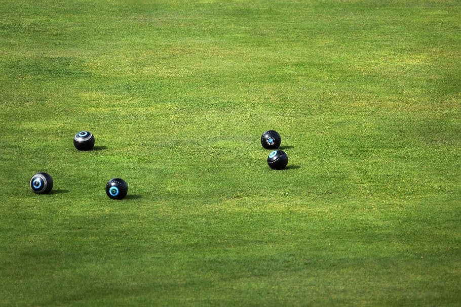 five black balls on green grass field, Bowl, Bowls, Bowling, Field, Game, HD wallpaper