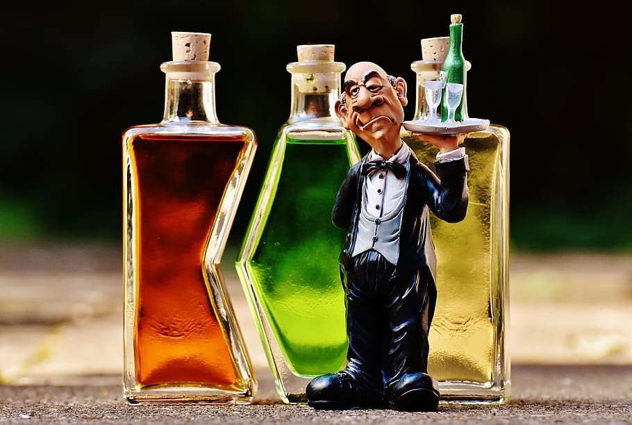 waiter, beverages, bottles, alcohol, figures, drink, benefit from HD wallpaper