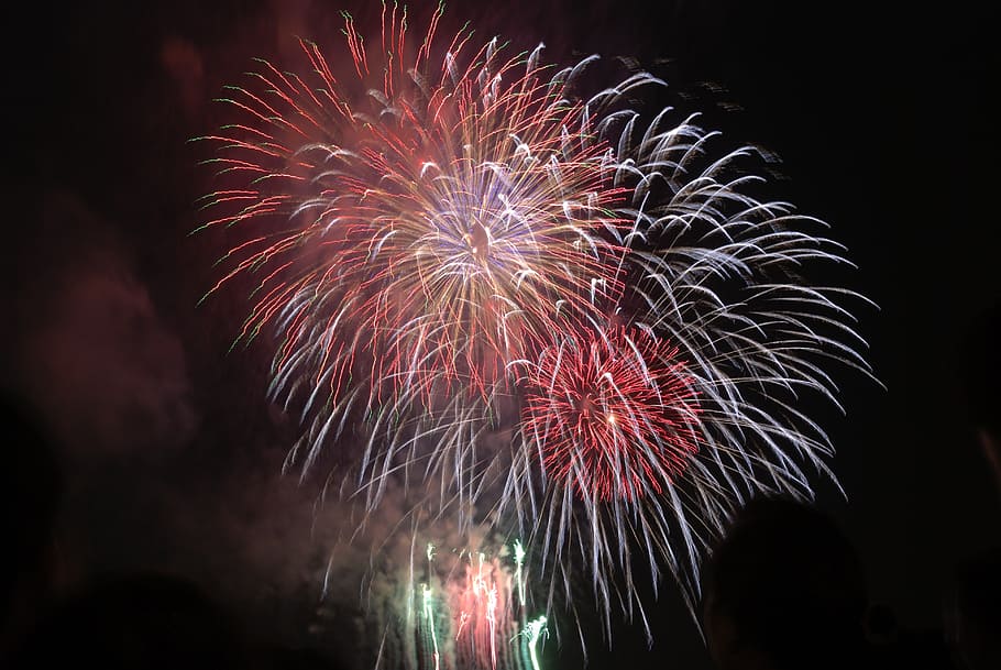 fireworks display, white, red, light, color, lunar new year HD wallpaper