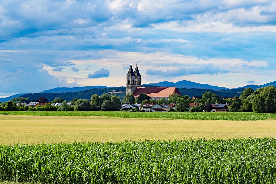 Church, Field, Monastery, Landscape, sky, bavaria, rural Scene HD wallpaper
