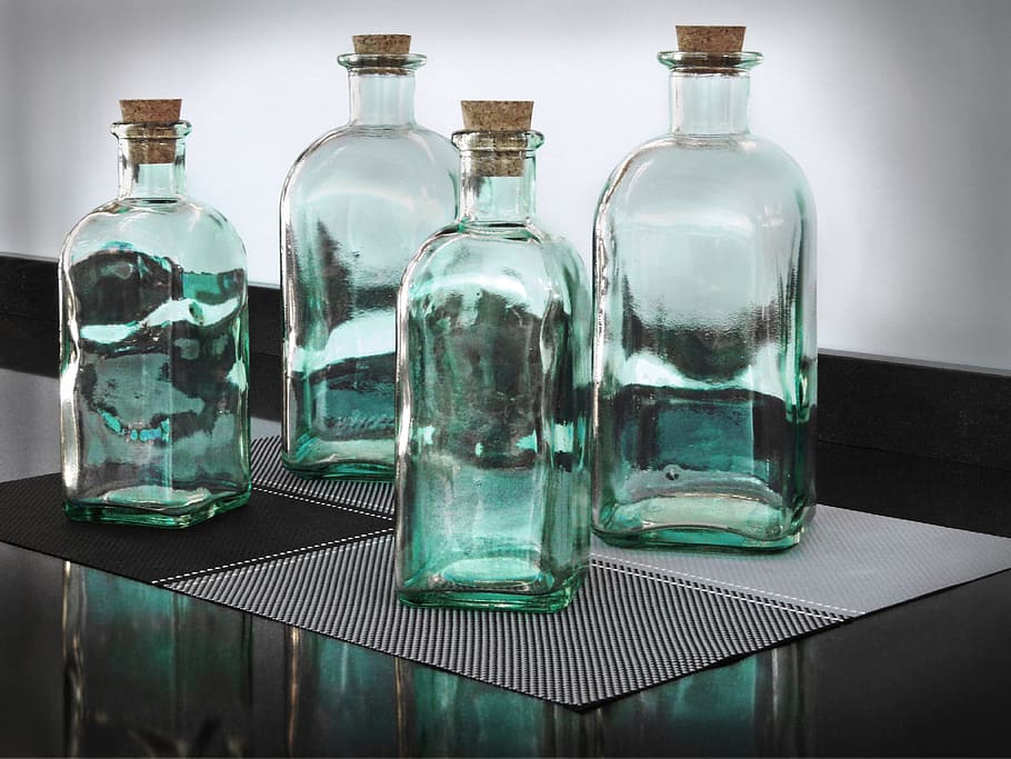 four clear glass bottles on grau marble countertop, Jars, Kitchen HD wallpaper