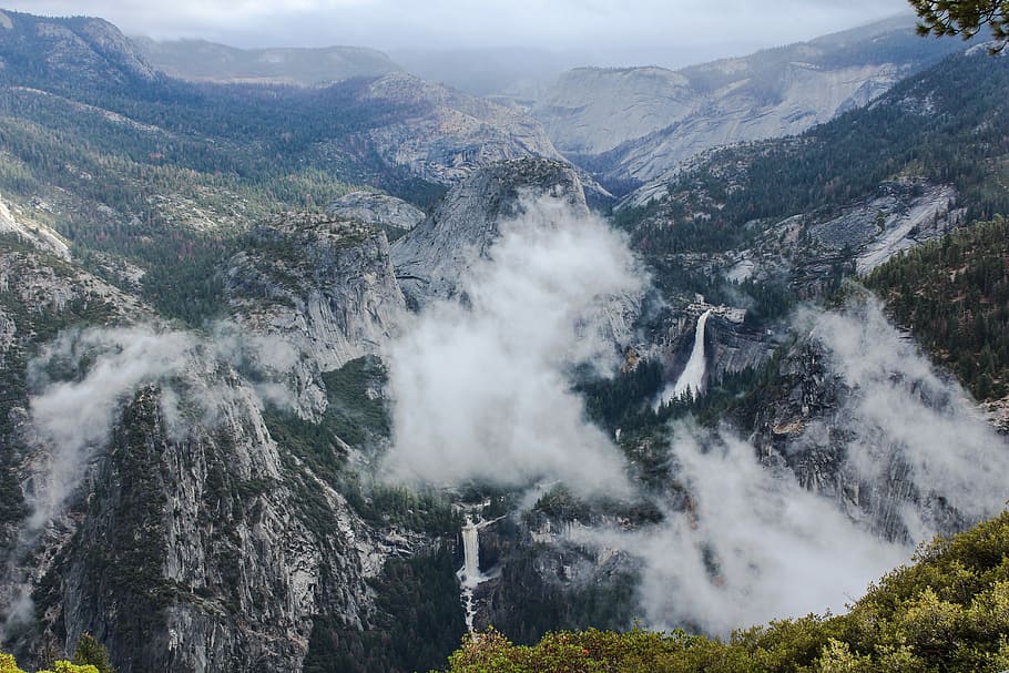 Foggy Yosemite Overlook, fog over mountain, rock, cloud, mist HD wallpaper
