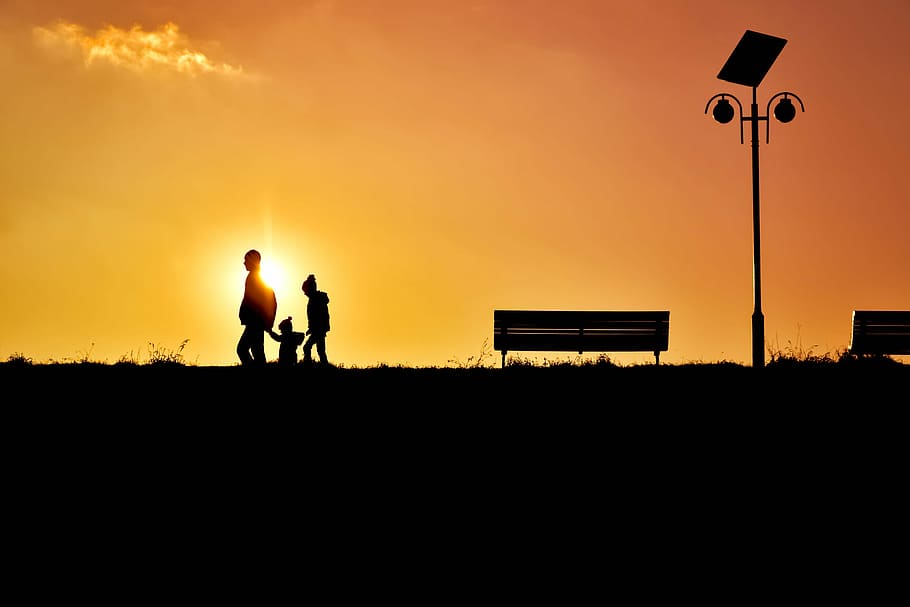 backlit, bench, children, dark, dawn, daylight, dusk, evening HD wallpaper