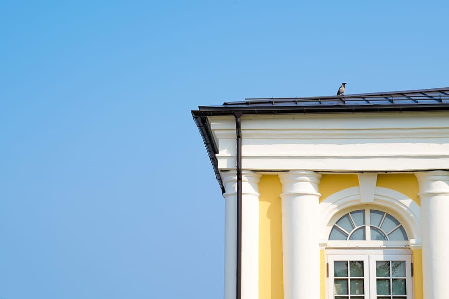 Crow, Building, Yellow, Roof, Bird, sky, classicism, building exterior HD wallpaper
