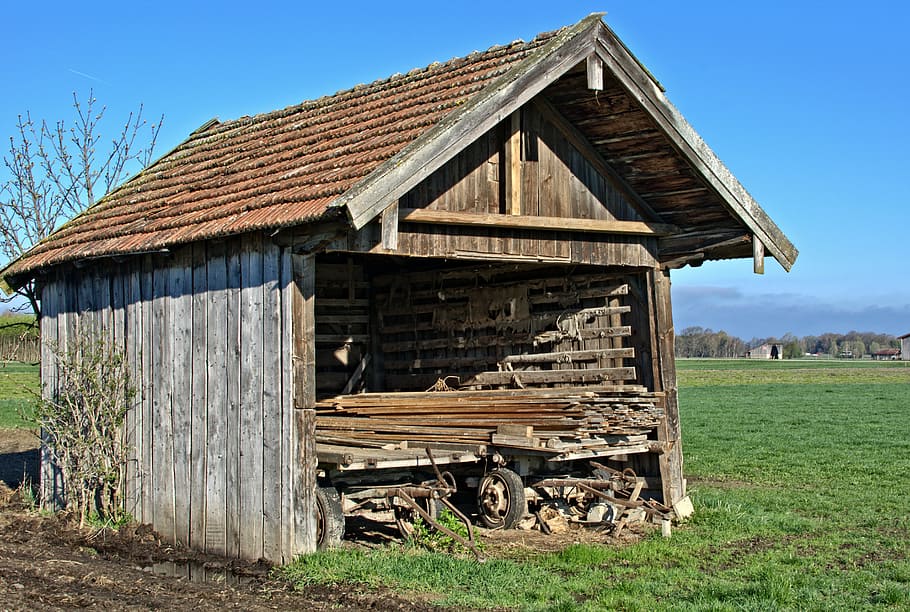 Hut, Barn, Old, Nature, Field, Meadow, field barn, log cabin, HD wallpaper
