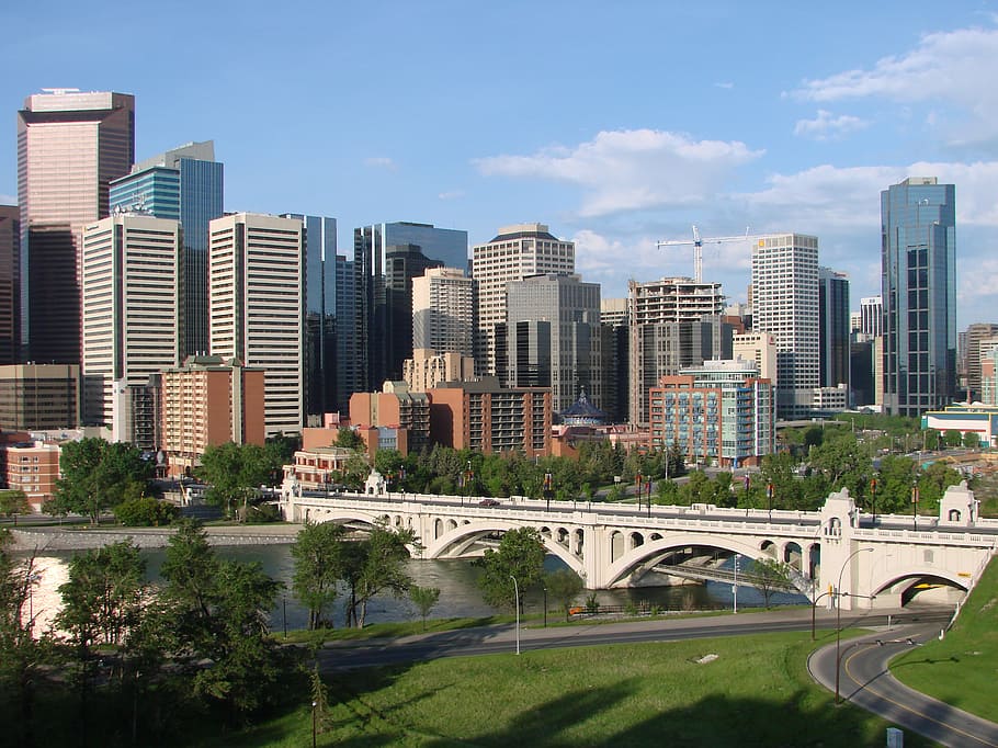 gray and brown high-rise buildings, calgary, canada, downtown HD wallpaper