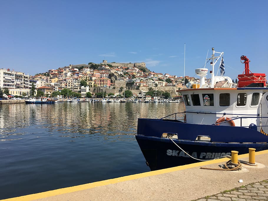 greece, kavala, port, ship, landscape, water, nautical vessel HD wallpaper