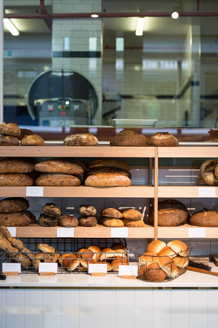 bunch of baked breads on wooden shelf, bakery, shop, window, food and drink, HD wallpaper