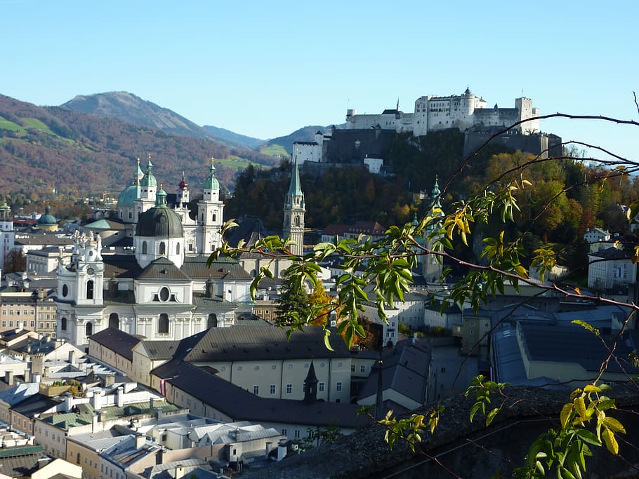 aerial photography of town buildings, salzburg, fortress, austria, HD wallpaper