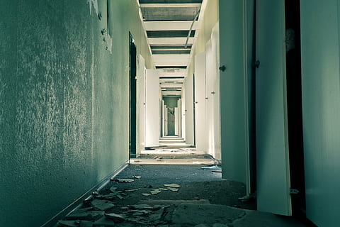 focus photo of gray concrete hallway, lost places, office, leave HD wallpaper
