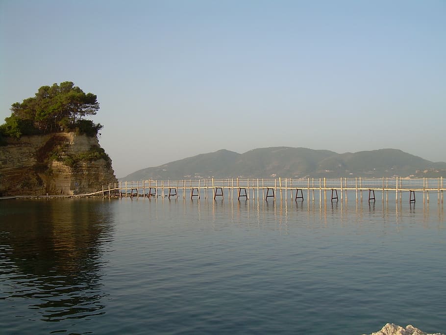zakynthos, landscape, island, water, bridhe, pier, wooden, mountains HD wallpaper