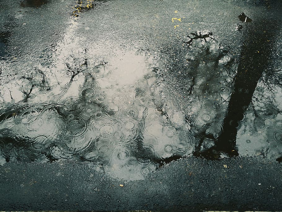 water drop on ground, grayscale photo of water on ground, puddle HD wallpaper