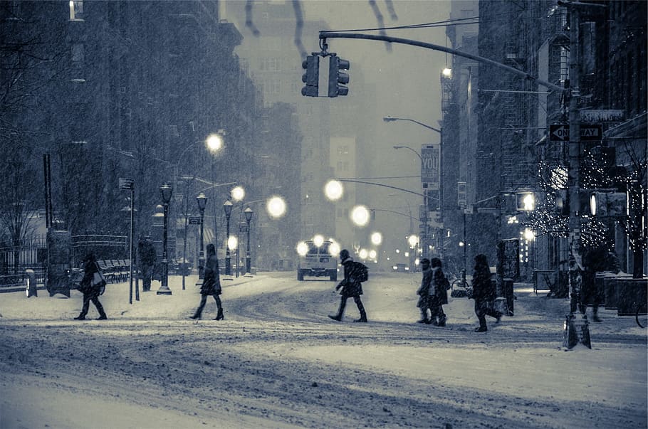 people walking on snow covered street during daytime, city, winter