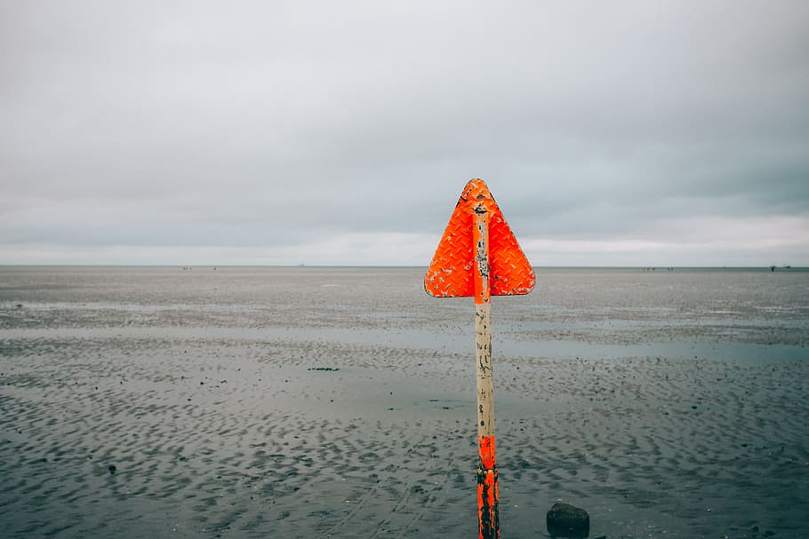 Warning Sign and Sea, landscape, red, sky, outdoors, umbrella HD wallpaper