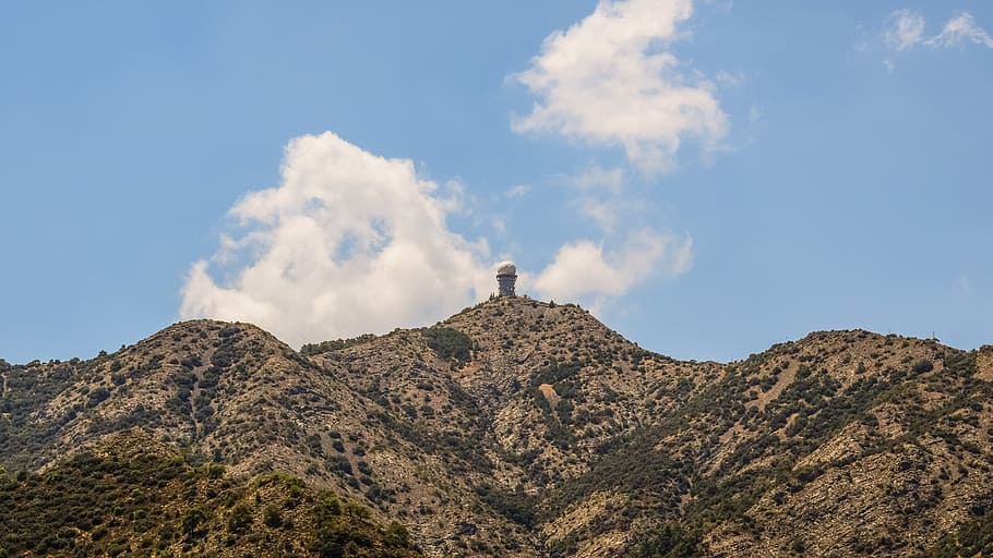 mountain, peak, sky, clouds, radar, tower, landscape, nature HD wallpaper