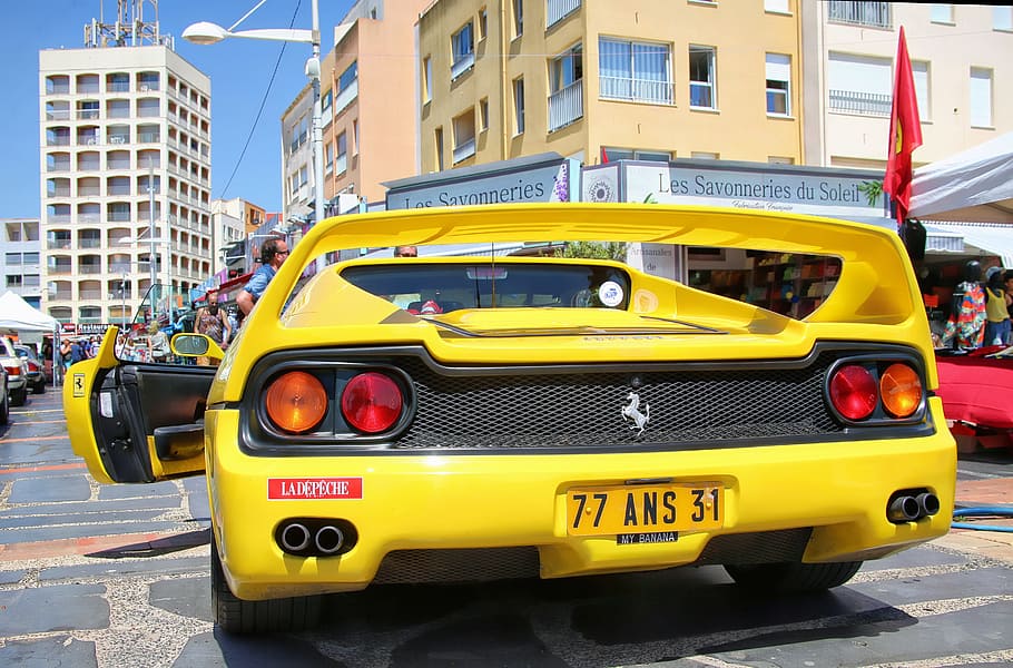 car, yellow, ferrari, picture, exhibition, conduct, style, photography HD wallpaper