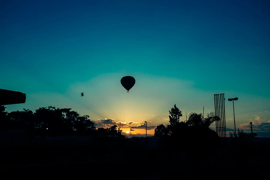 silhouette of hot air balloon floating midair, blue, sky, nature HD wallpaper