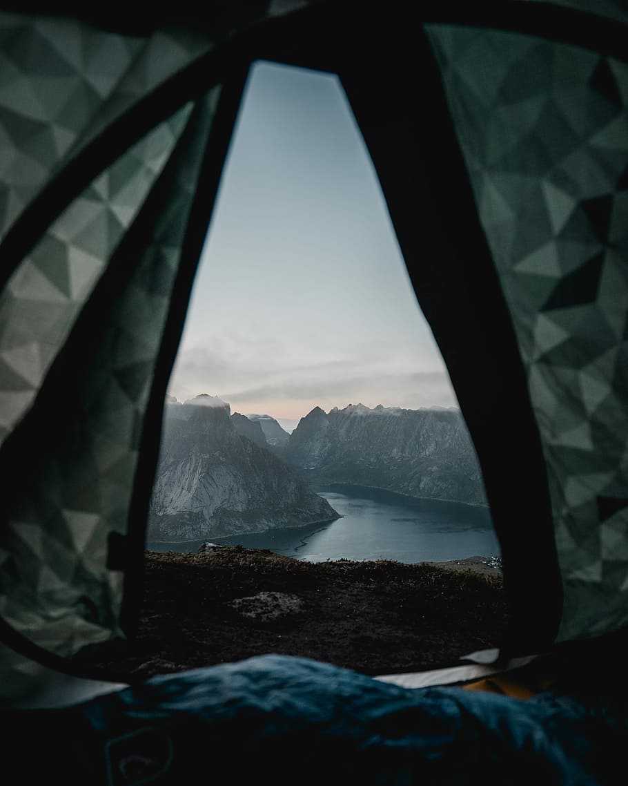 Tentviews of Norwegian Fjords, gray and black camping tent, mountain HD wallpaper