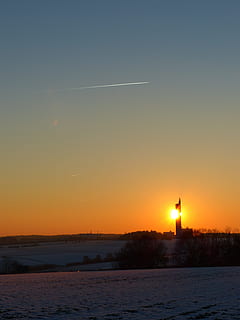 Sunset, Sun, Tower, Fireball, Sky, aircraft, contrail, grain silo HD wallpaper