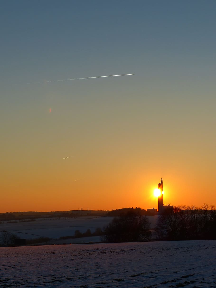 Sunset, Sun, Tower, Fireball, Sky, aircraft, contrail, grain silo HD wallpaper