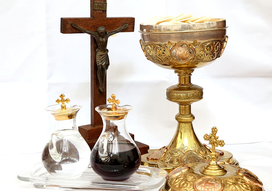brown wooden crucifix beside a two glass containers and gold goblet, HD wallpaper