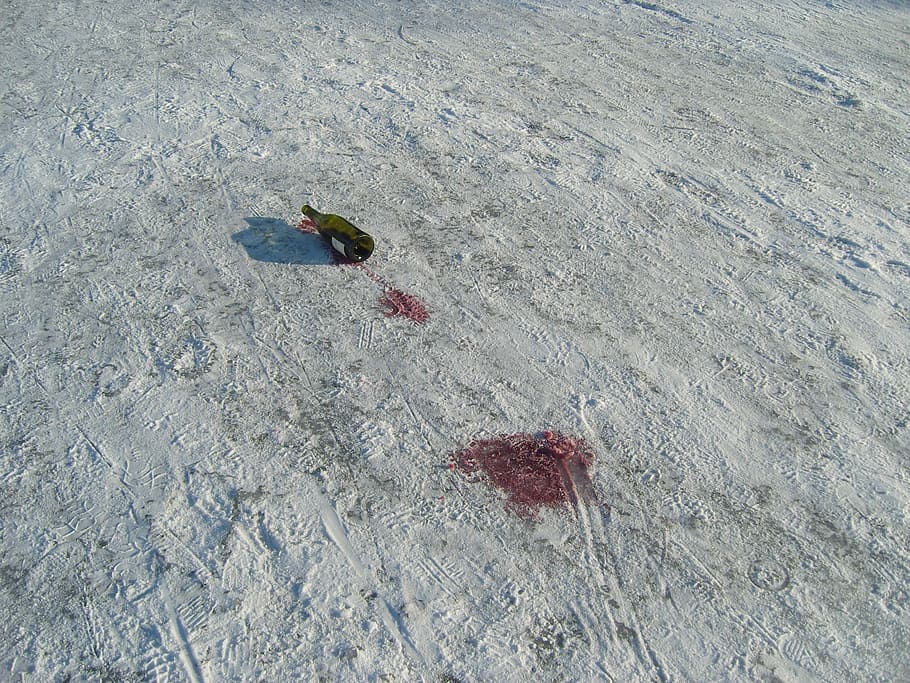 winter, ice, snow, red wine, tracks in the snow, alcohol, alcoholism HD wallpaper