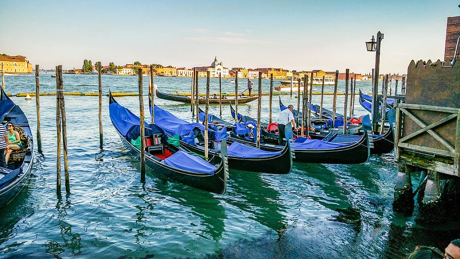 gondolas, venice, sea, landscape, nautical vessel, water, gondola - traditional boat HD wallpaper