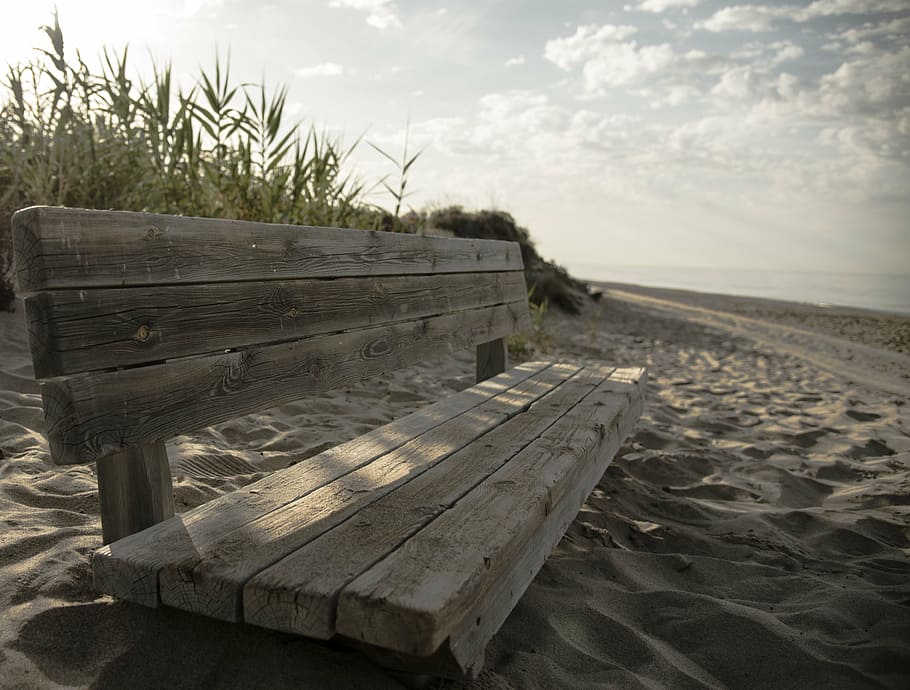 bench on seashore, bank, rest, beach, peace, breathing, corner HD wallpaper
