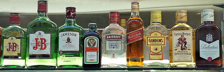 standing assorted-color bottles, premium, drinks, selection HD wallpaper