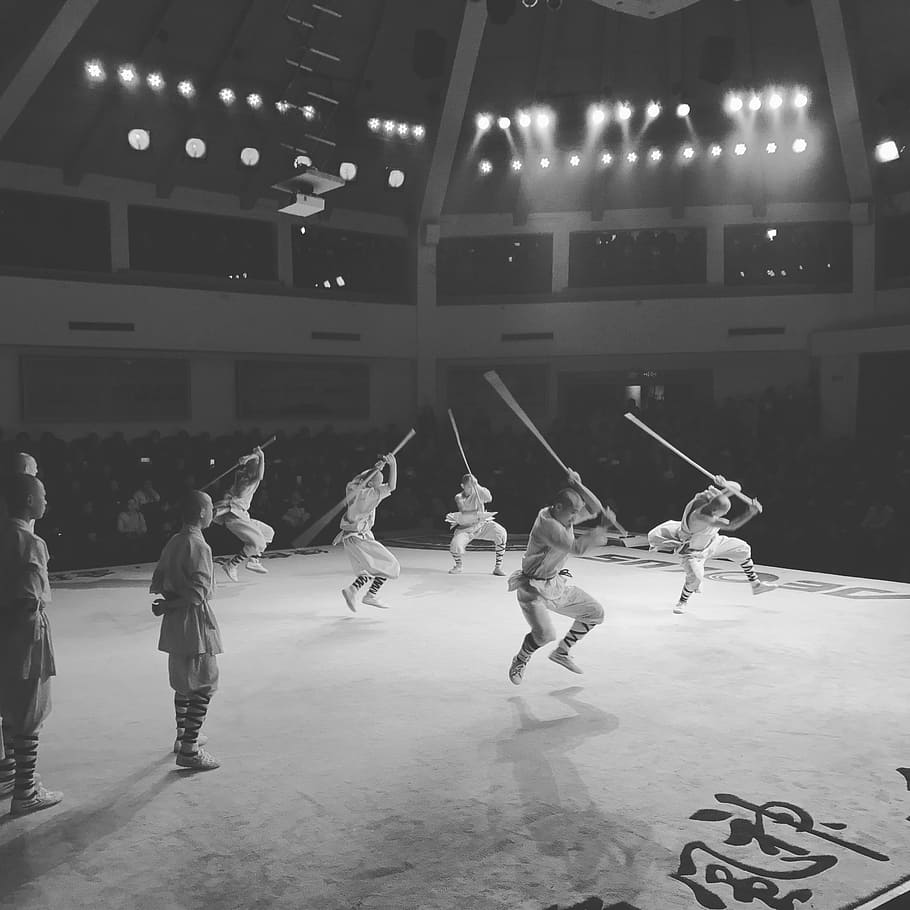 China, Shaolin Monk, fight, festival, black and white, performance HD wallpaper