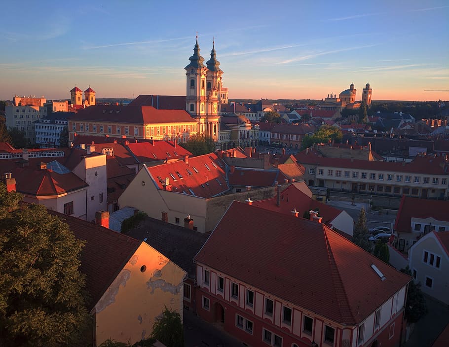 Eger, Cityscape, Hungary, Sunset, Wine, europe, landscape, church, HD wallpaper