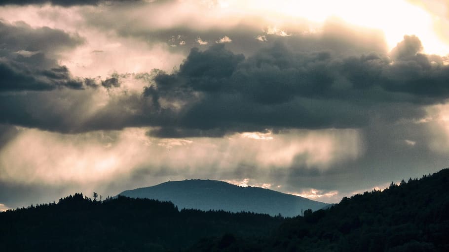 clouds, storm, mountains, cloudburst, dark, landscape, rain HD wallpaper