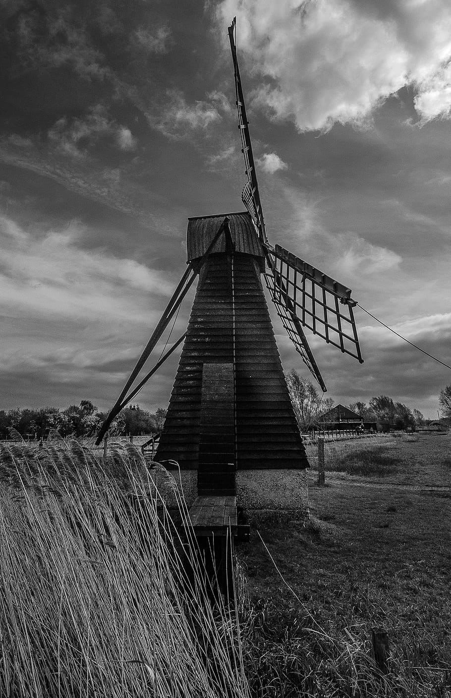 windmill, sky, landscape, cloud, countryside, rural, old, monochrome HD wallpaper