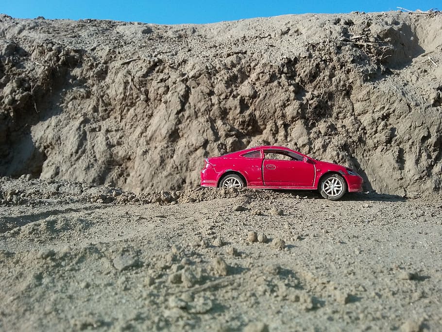 desert, mountains, car, auto, red, toy, mode of transportation HD wallpaper
