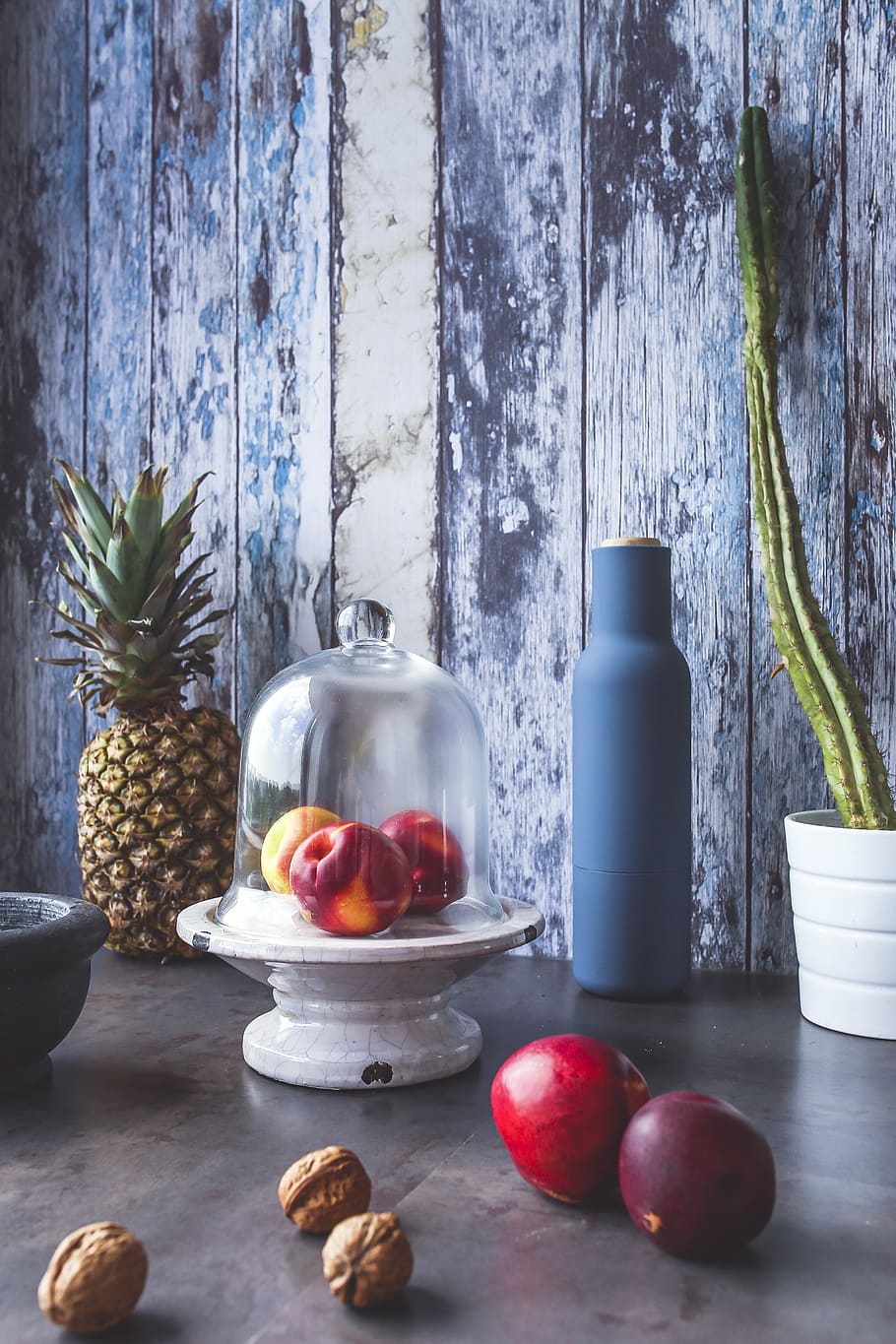 fruits and walnuts placed on beige shelf, nectarines, pineapple HD wallpaper